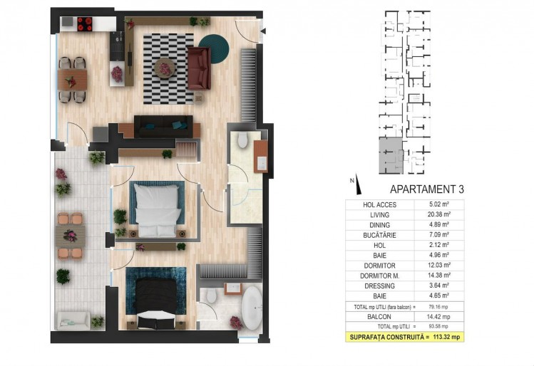 Apartament de inchiriat 3 camere zona Sisesti - Lac Straulesti, Bucuresti 113.32 mp